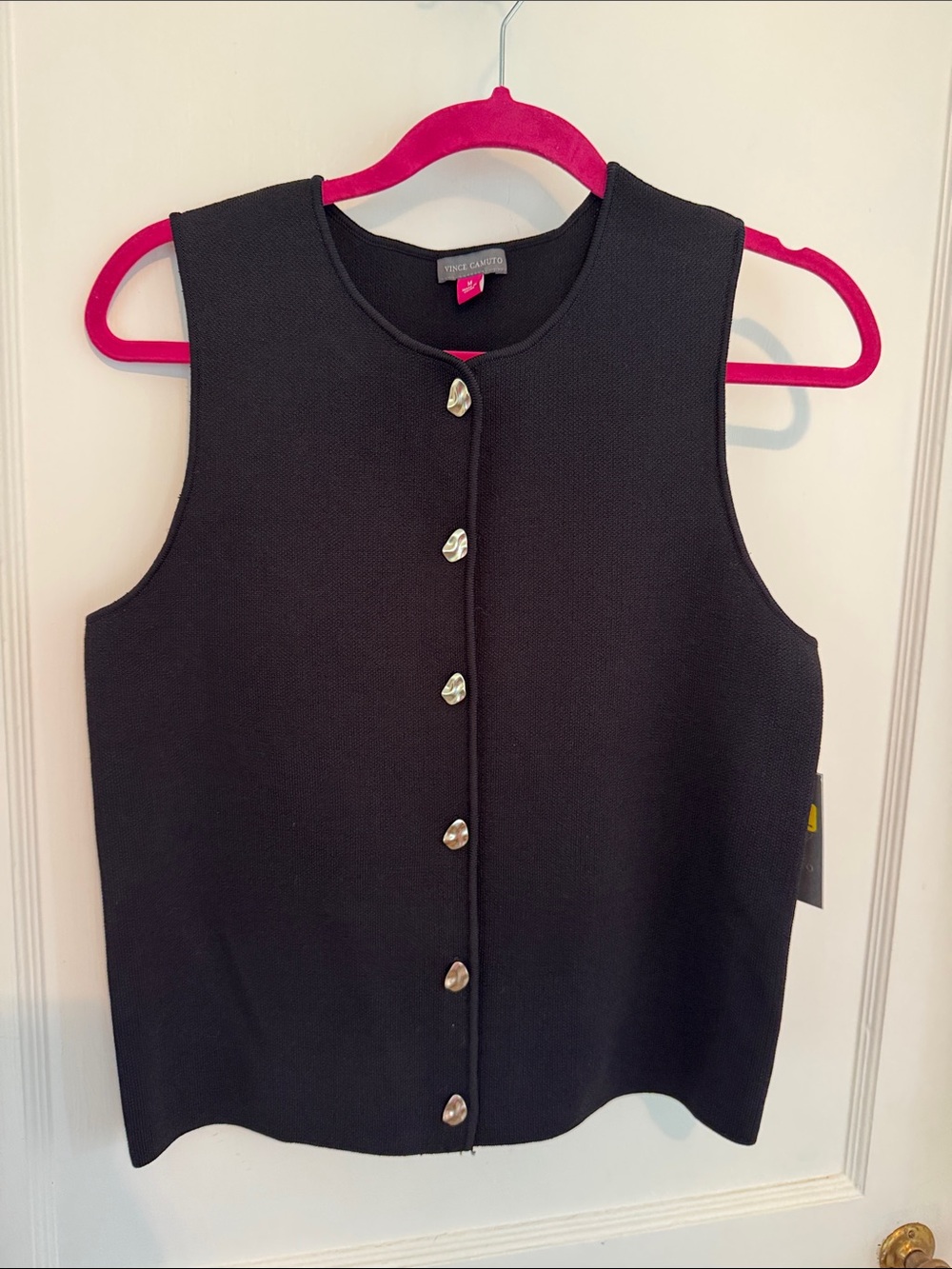 NWT Black Knit button-up vest with gold buttons. SZ M. 21" long